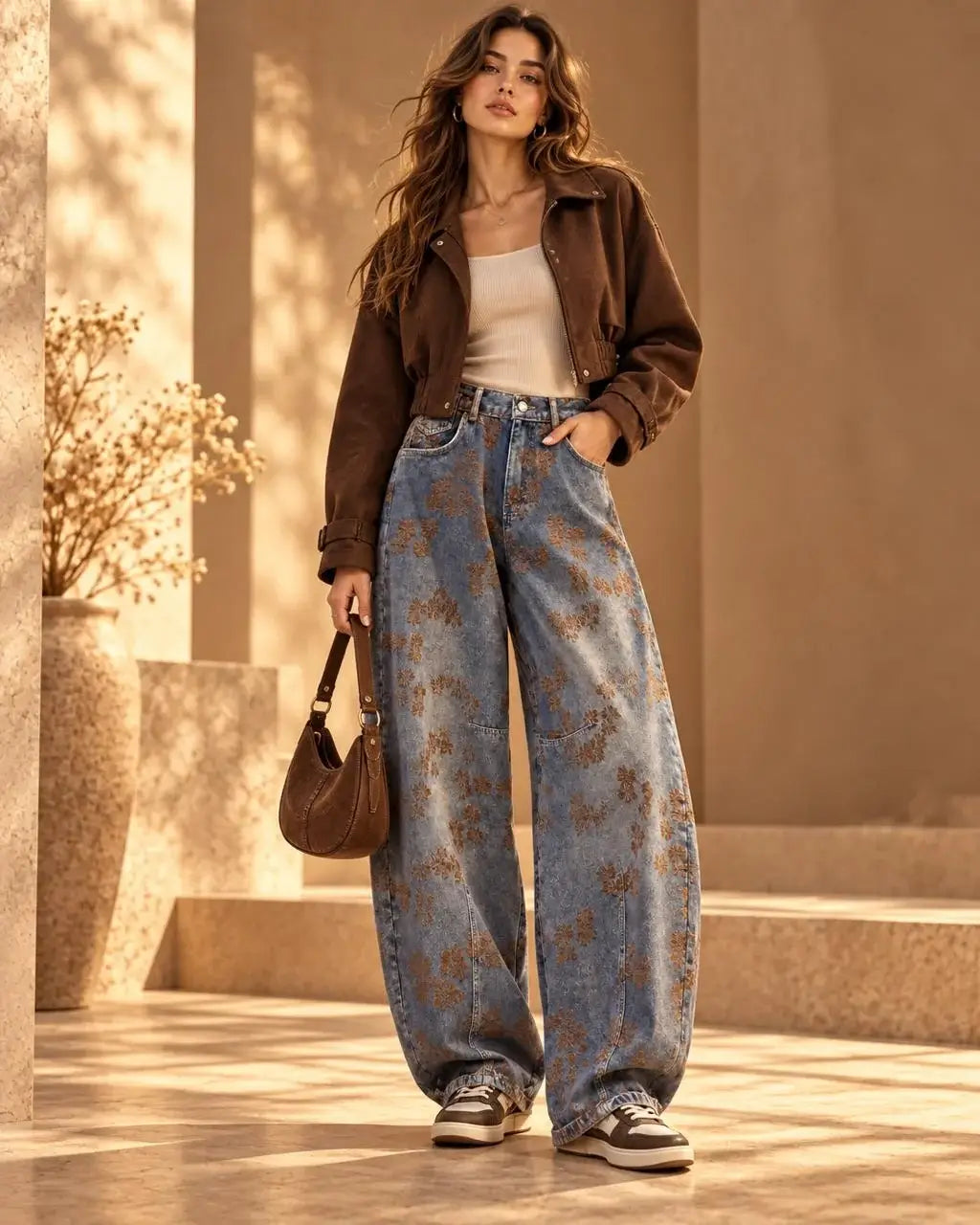 Floral Denim Balloon Pants